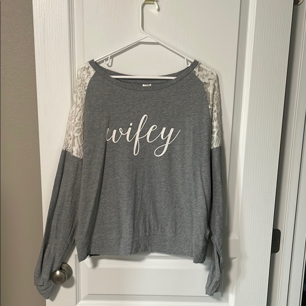 Gray 'Wifey' Long Sleeve Top with Lace Accents